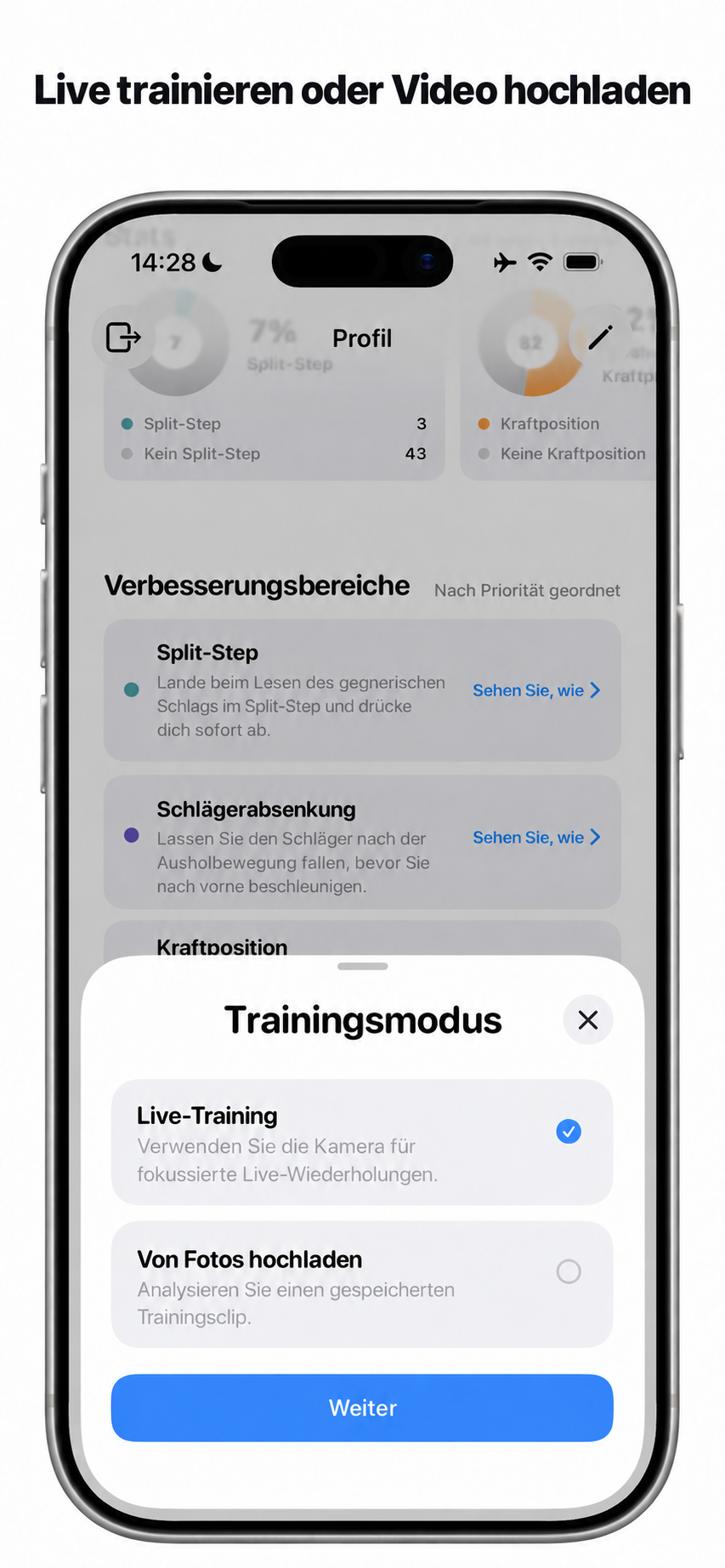 Wähle Live-Training oder lade ein Video aus Fotos hoch
